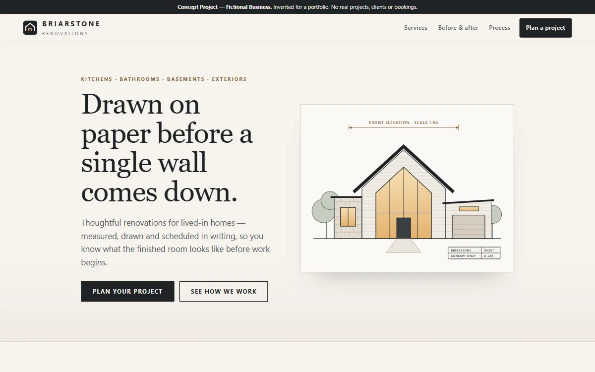 The Briarstone Renovations home page: an architectural drawing of a gabled house on a light page
