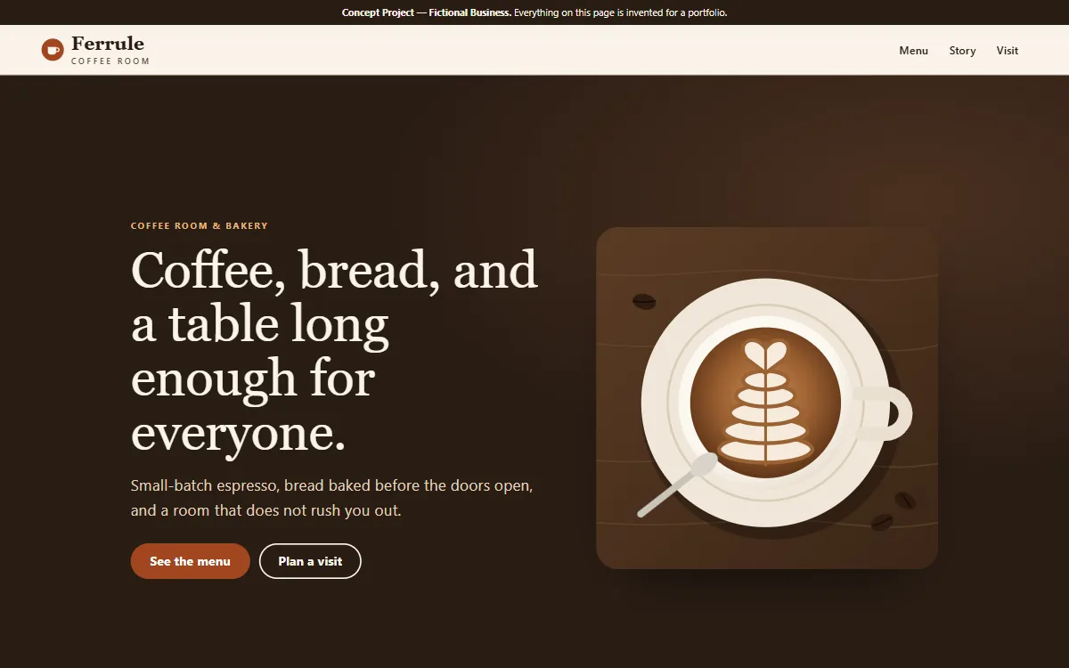 The Ferrule Coffee Room home page: a dark espresso hero with a latte seen from above