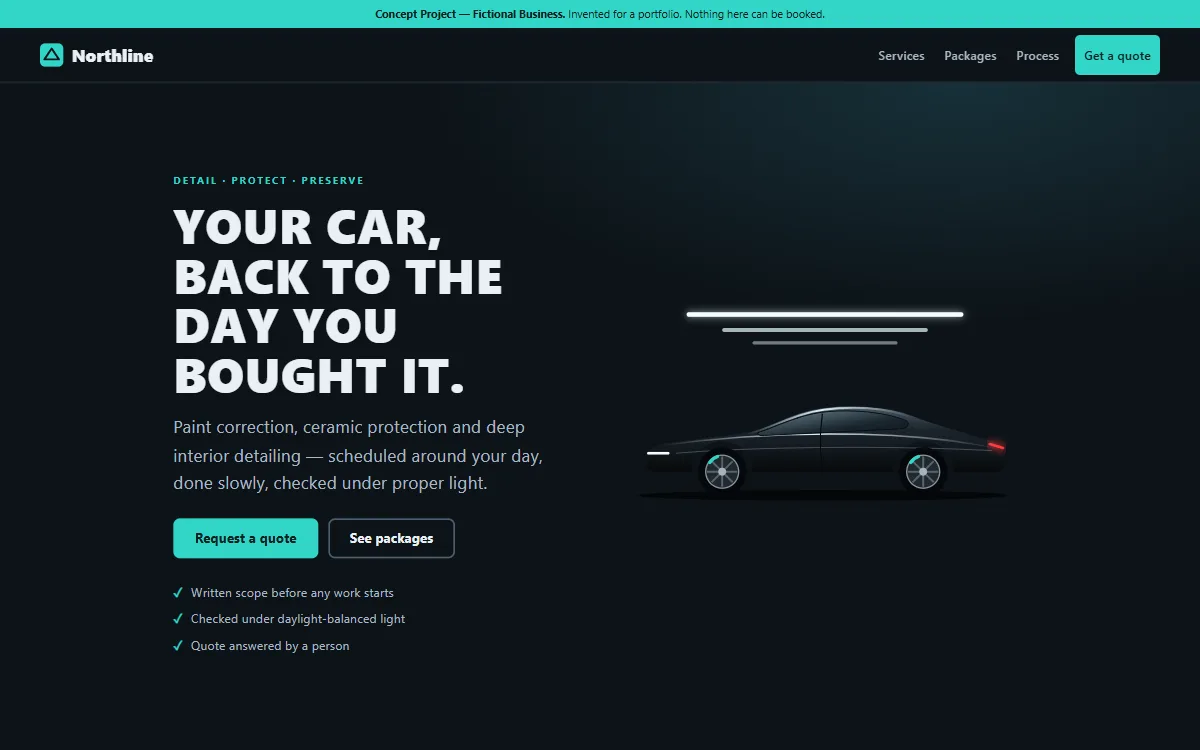 The Northline Detail Studio home page: a dark studio with a coupe under ceiling lights